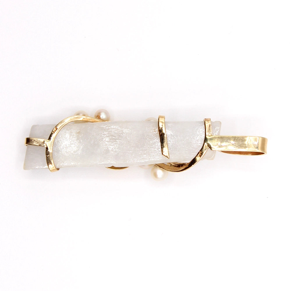 Vintage Ming’s 14K Yellow Gold Gray Jade and Pearl Bamboo Pendant