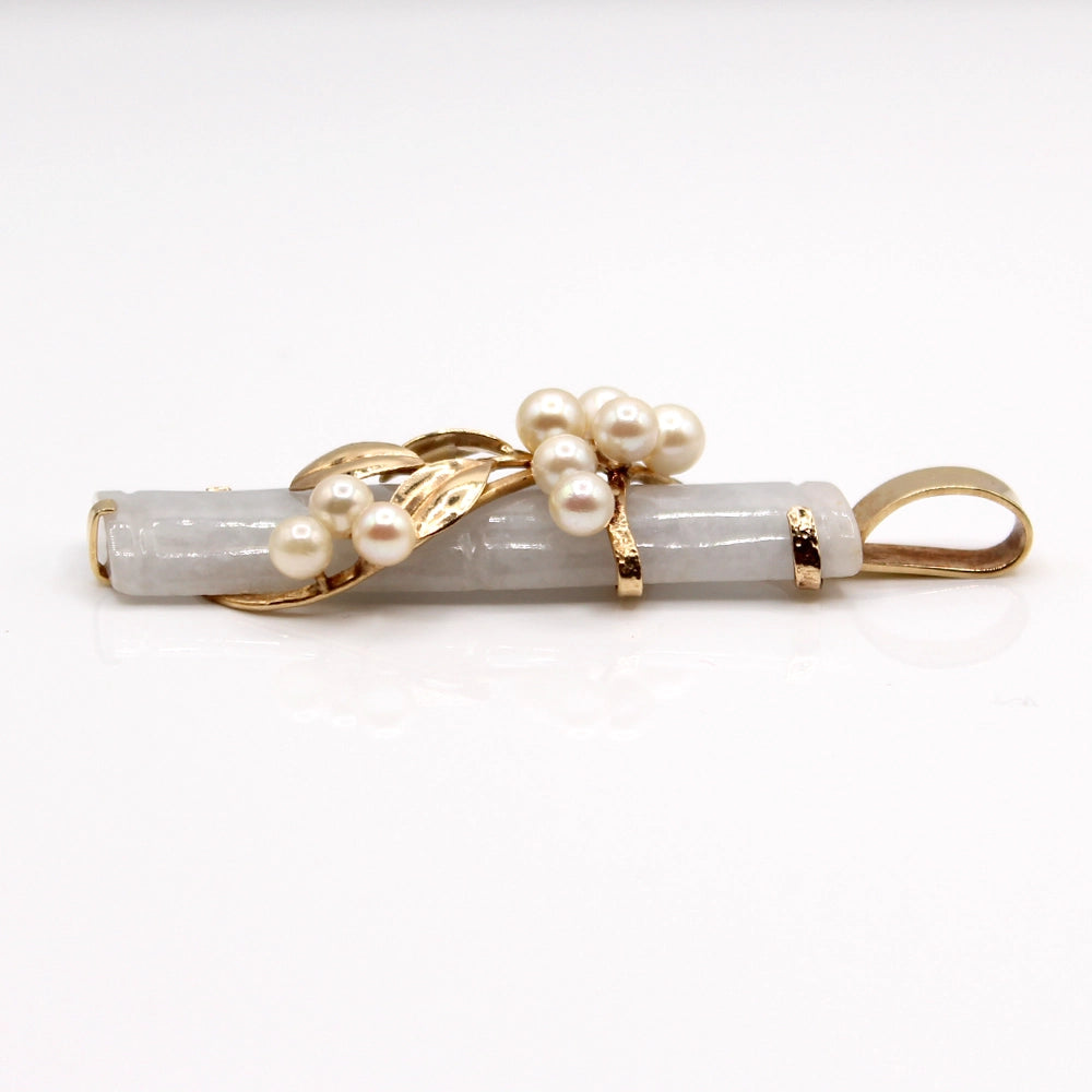 Vintage Ming’s 14K Yellow Gold Gray Jade and Pearl Bamboo Pendant