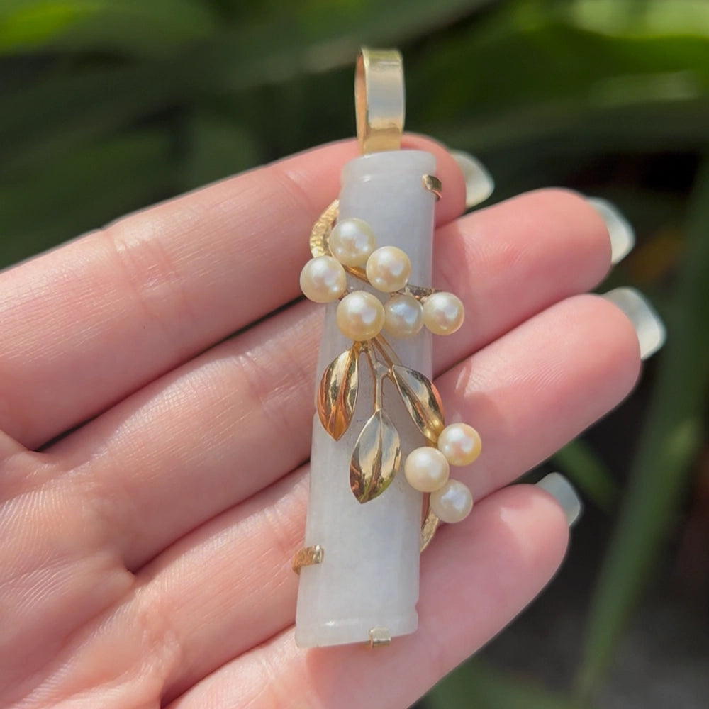 Vintage Ming’s 14K Yellow Gold Gray Jade and Pearl Bamboo Pendant
