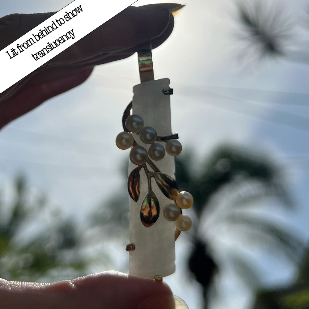 Vintage Ming’s 14K Yellow Gold Gray Jade and Pearl Bamboo Pendant