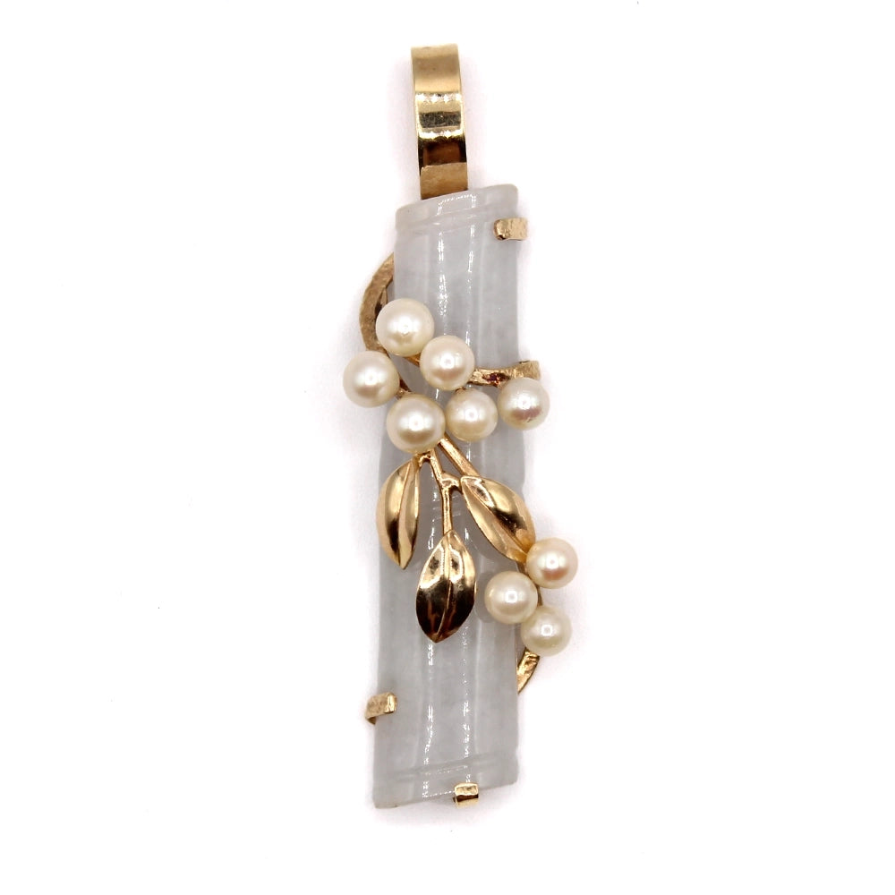Vintage Ming’s 14K Yellow Gold Gray Jade and Pearl Bamboo Pendant