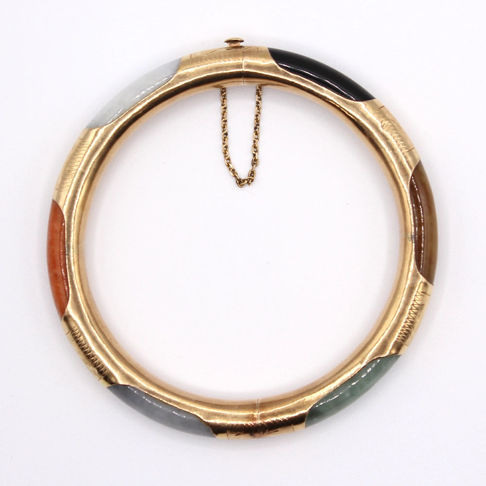 Multi Color Jade and 14K Yellow Gold Hinged Bangle Bracelet SIZE 7