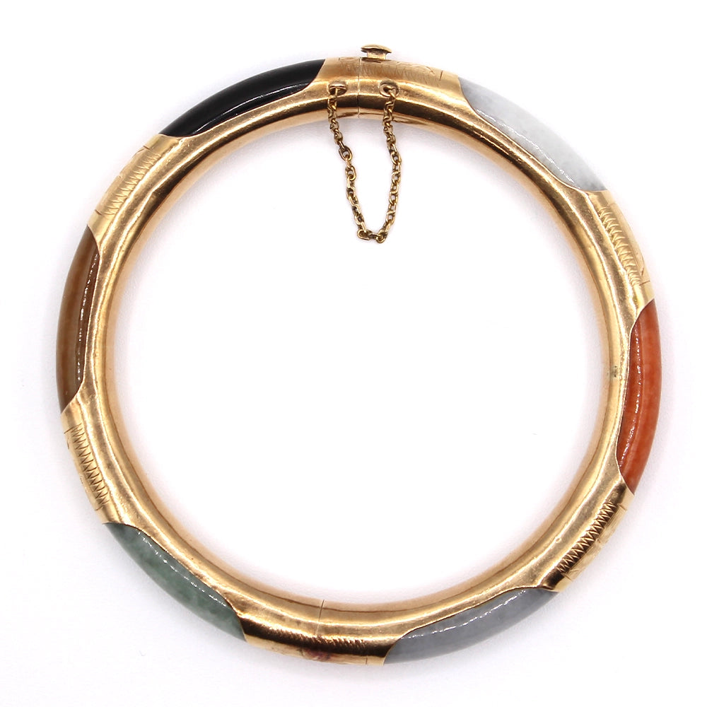 Multi Color Jade and 14K Yellow Gold Hinged Bangle Bracelet SIZE 7