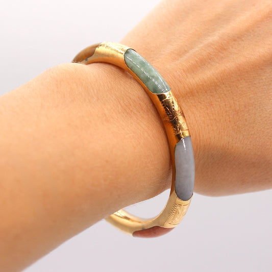 Multi Color Jade and 14K Yellow Gold Hinged Bangle Bracelet SIZE 7