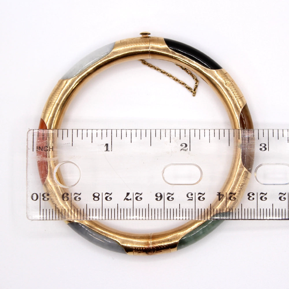 Multi Color Jade and 14K Yellow Gold Hinged Bangle Bracelet SIZE 7
