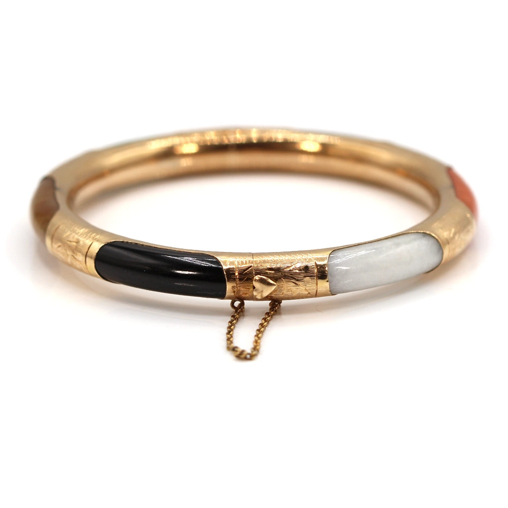 Multi Color Jade and 14K Yellow Gold Hinged Bangle Bracelet SIZE 7