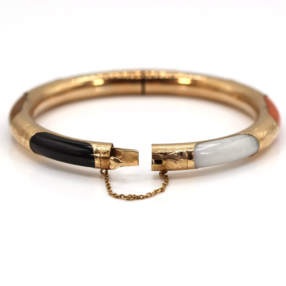Multi Color Jade and 14K Yellow Gold Hinged Bangle Bracelet SIZE 7