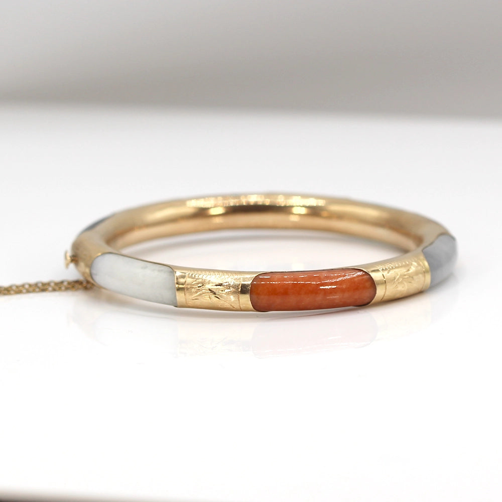 Multi Color Jade and 14K Yellow Gold Hinged Bangle Bracelet SIZE 7