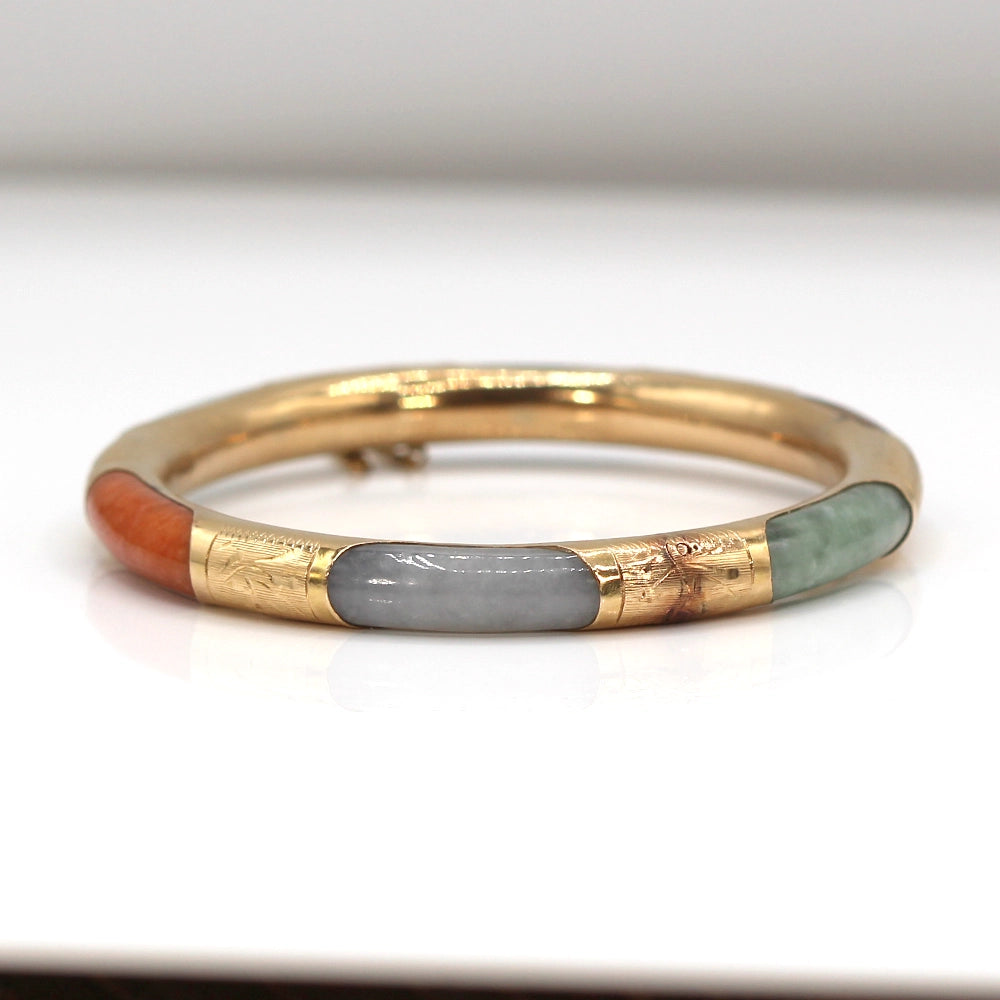 Multi Color Jade and 14K Yellow Gold Hinged Bangle Bracelet SIZE 7