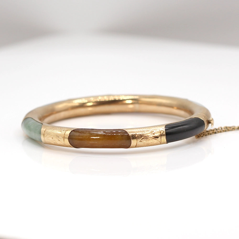 Multi Color Jade and 14K Yellow Gold Hinged Bangle Bracelet SIZE 7