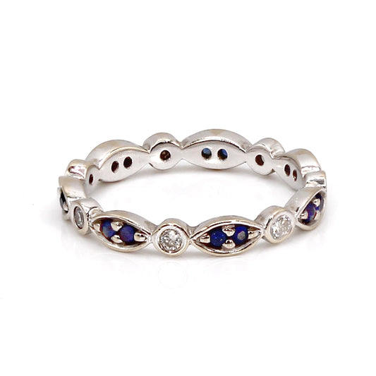 18K White Gold Alternating Sapphire and Diamond Eternity Band Ring SIZE 6