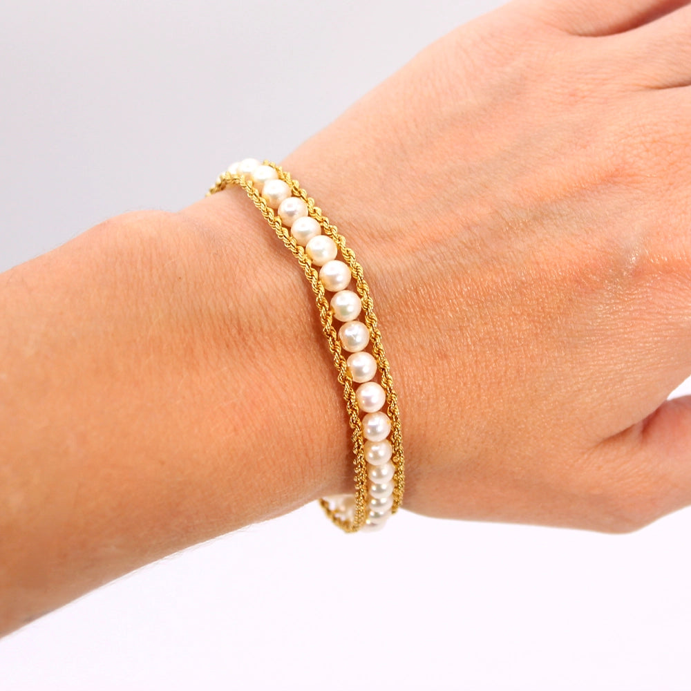 14K Yellow Gold Double Rope Chain and Cultured Pearl Bracelet SIZE 6.75