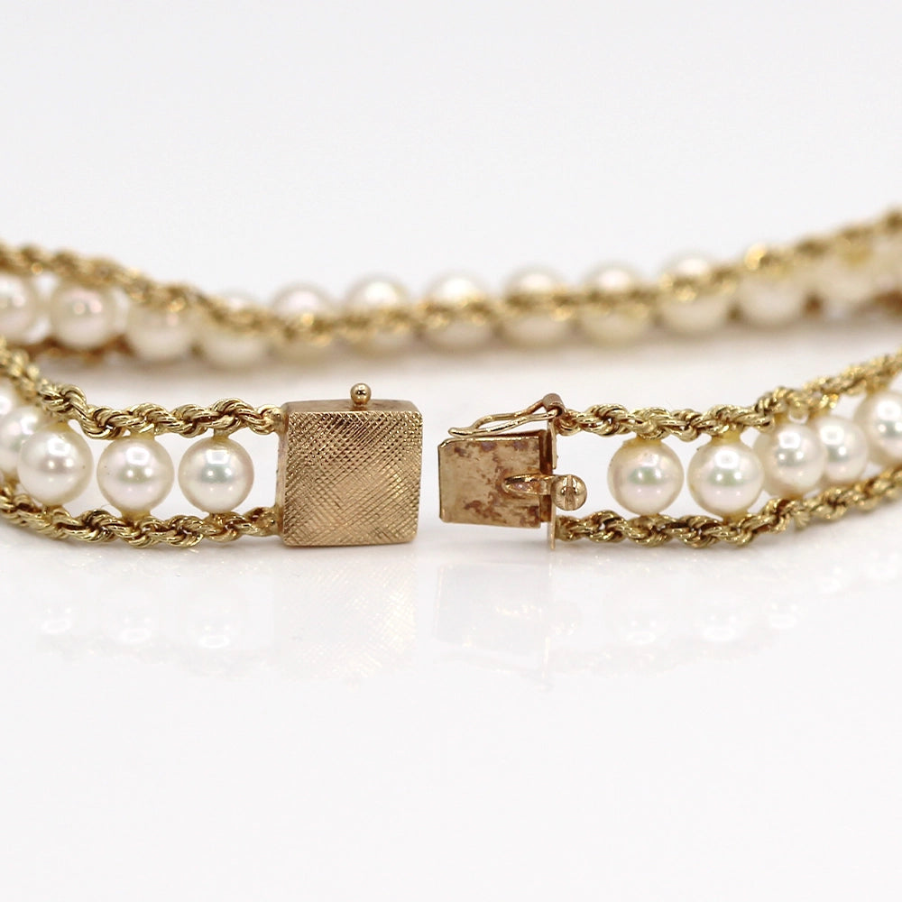 14K Yellow Gold Double Rope Chain and Cultured Pearl Bracelet SIZE 6.75