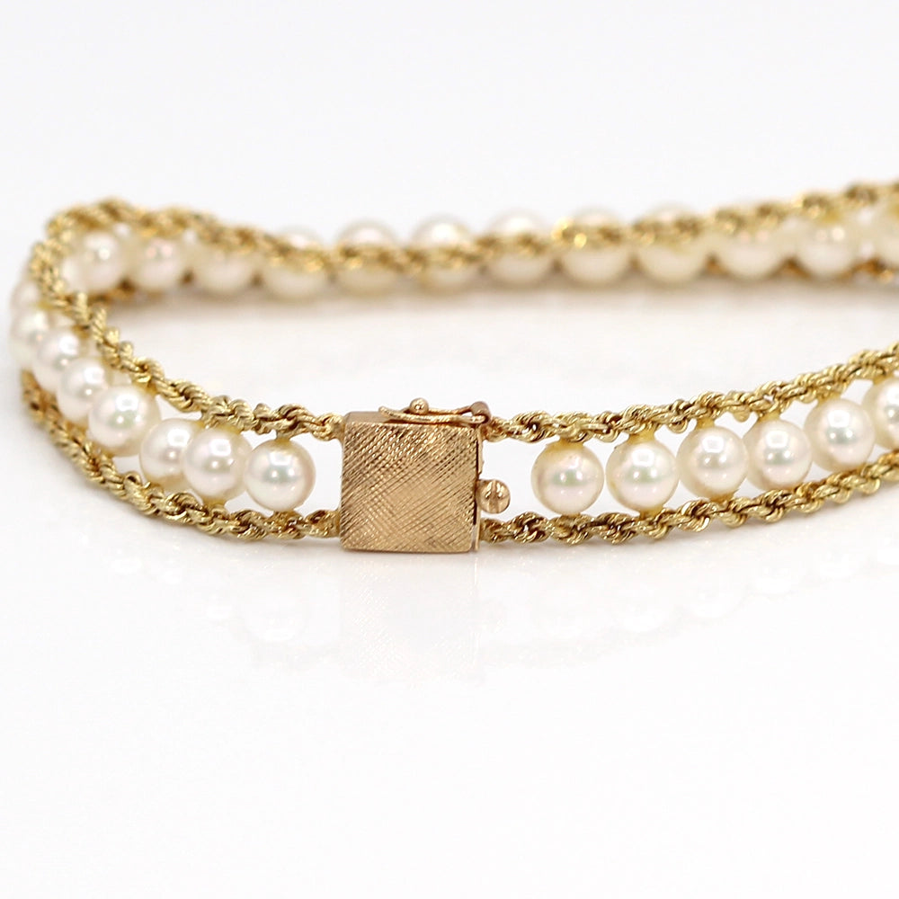 14K Yellow Gold Double Rope Chain and Cultured Pearl Bracelet SIZE 6.75
