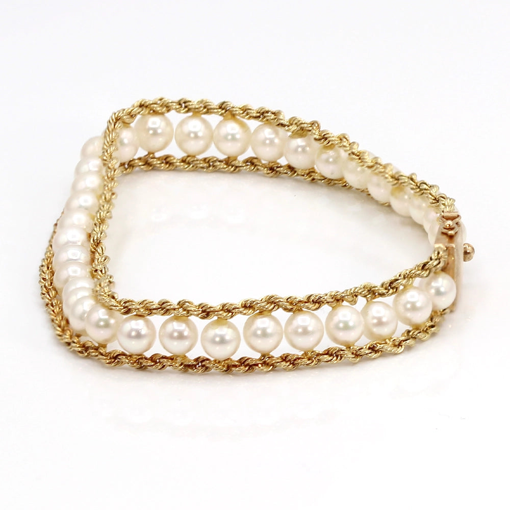 14K Yellow Gold Double Rope Chain and Cultured Pearl Bracelet SIZE 6.75