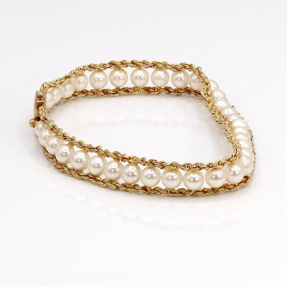 14K Yellow Gold Double Rope Chain and Cultured Pearl Bracelet SIZE 6.75