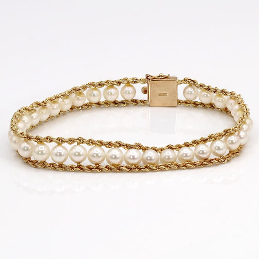 14K Yellow Gold Double Rope Chain and Cultured Pearl Bracelet SIZE 6.75