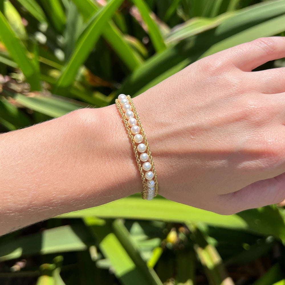 14K Yellow Gold Double Rope Chain and Cultured Pearl Bracelet SIZE 6.75