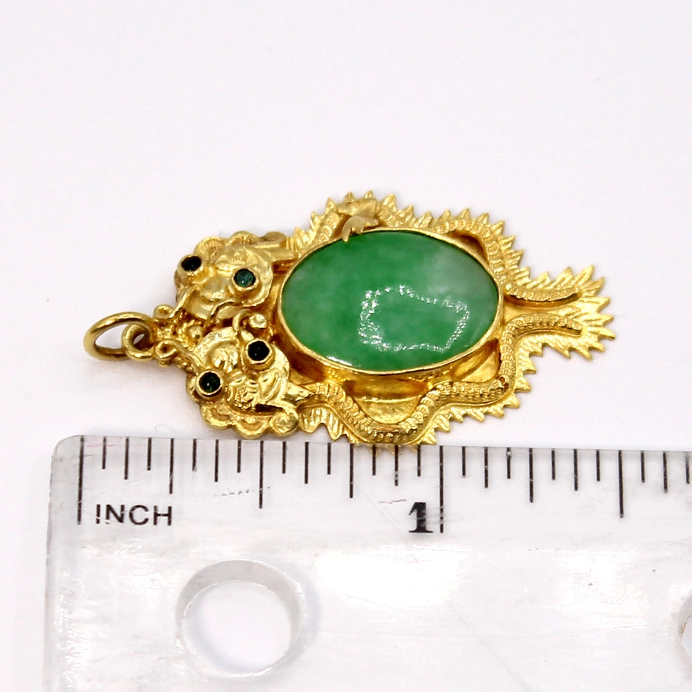 Double Dragon 22K Yellow Gold and Mottled Green Jade Pendant