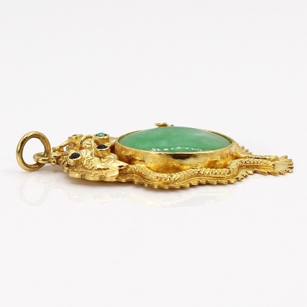 Double Dragon 22K Yellow Gold and Mottled Green Jade Pendant