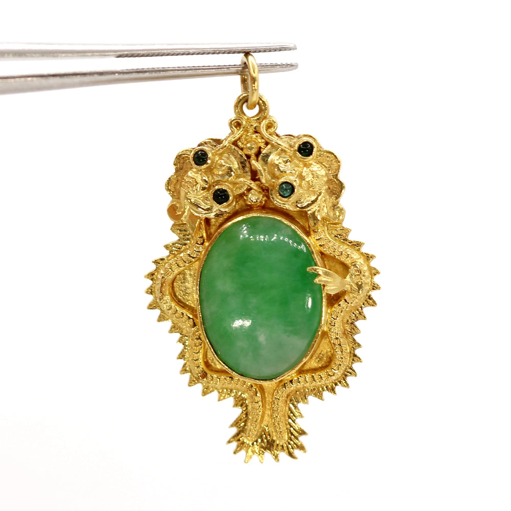 Double Dragon 22K Yellow Gold and Mottled Green Jade Pendant