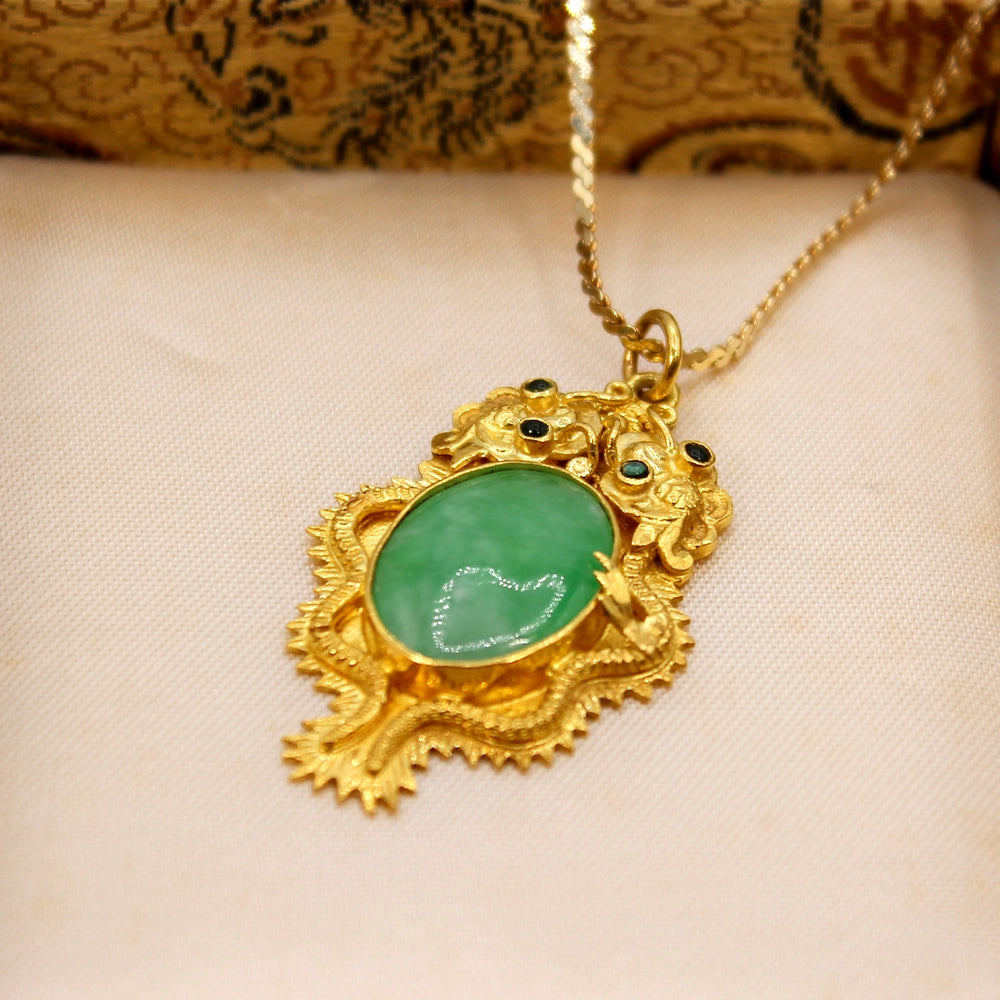 Double Dragon 22K Yellow Gold and Mottled Green Jade Pendant