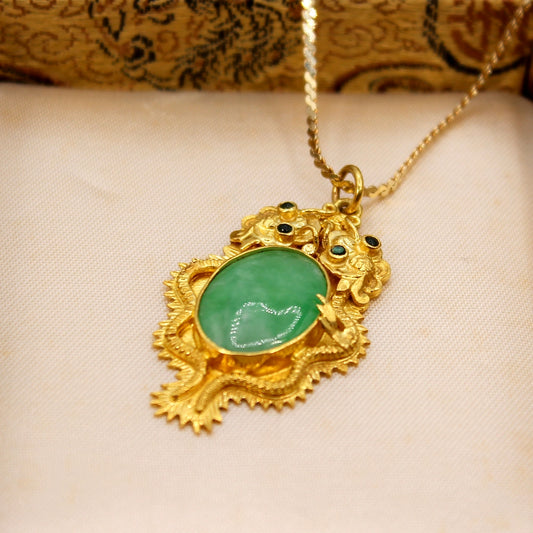 Double Dragon 22K Yellow Gold and Mottled Green Jade Pendant