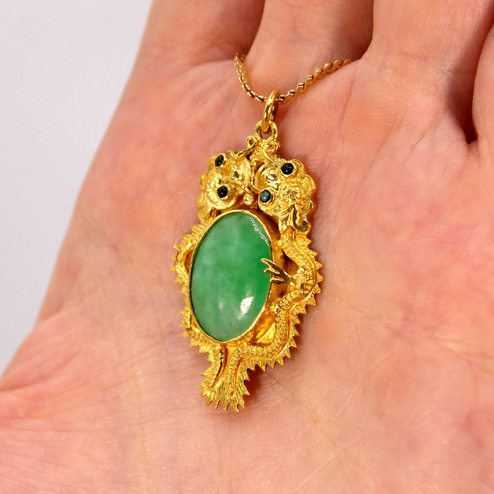 Double Dragon 22K Yellow Gold and Mottled Green Jade Pendant