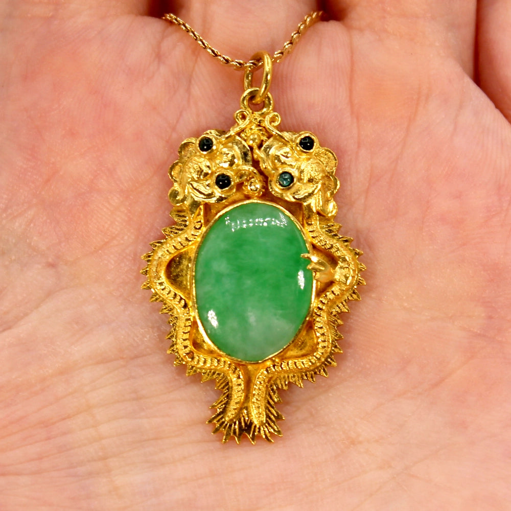 Double Dragon 22K Yellow Gold and Mottled Green Jade Pendant