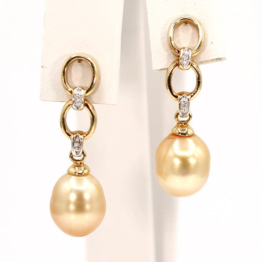 Champagne Pearl and 14K Yellow Gold Drop Earrings with Diamond Accents