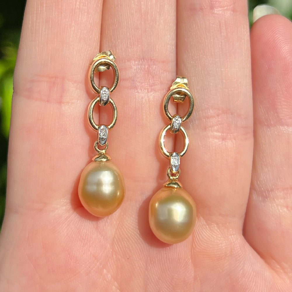 Champagne Pearl and 14K Yellow Gold Drop Earrings with Diamond Accents