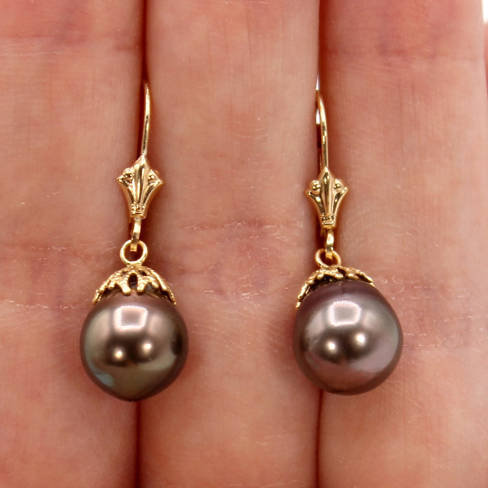 Tahitian Pearl and Yellow Gold Drop Earrings