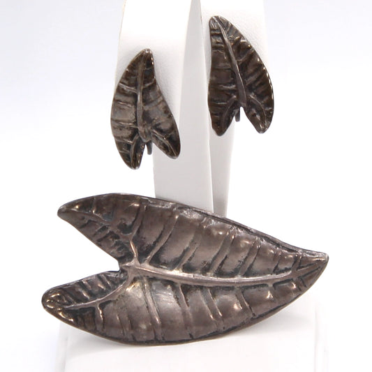 Ming’s Vintage Sterling Silver Kalo Leaf Earrings and Brooch Set