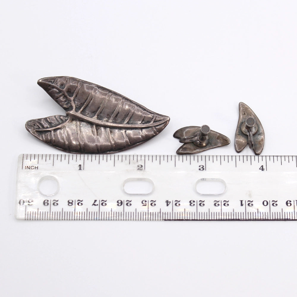 Ming’s Vintage Sterling Silver Kalo Leaf Earrings and Brooch Set