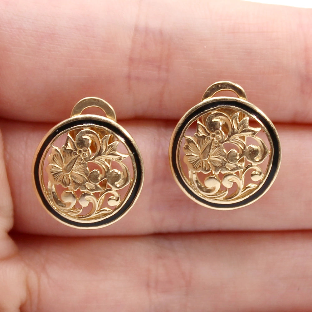 Hawaiian Hibiscus Earrings in 14K Yellow Gold and Black Enamel