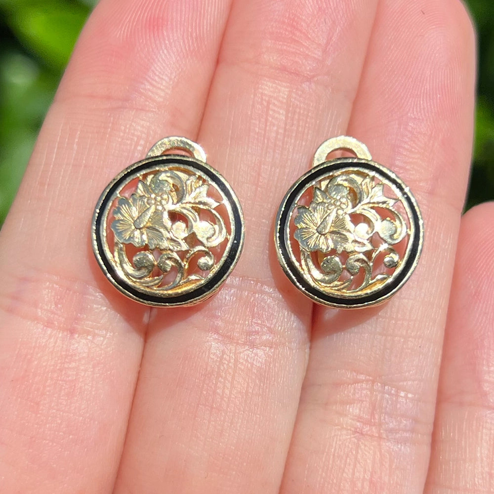 Hawaiian Hibiscus Earrings in 14K Yellow Gold and Black Enamel