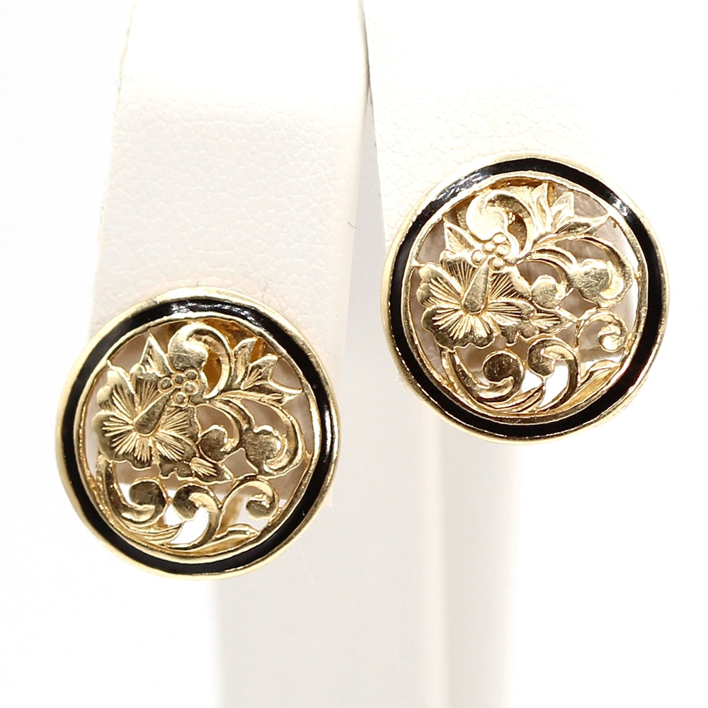 Hawaiian Hibiscus Earrings in 14K Yellow Gold and Black Enamel