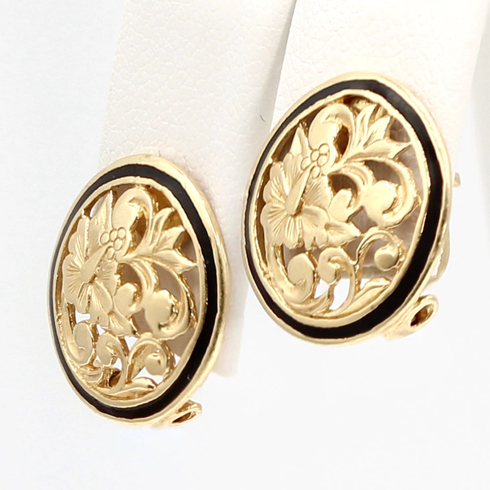 Hawaiian Hibiscus Earrings in 14K Yellow Gold and Black Enamel