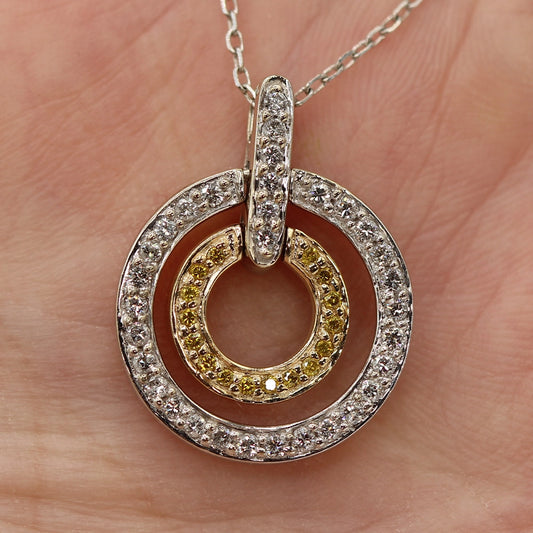 White and Canary Diamond Double Circle Pendant in Two Toned Gold with Chain