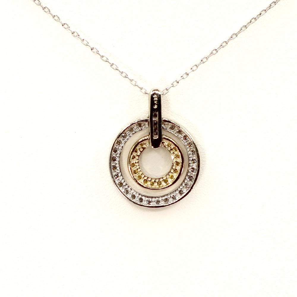 White and Canary Diamond Double Circle Pendant in Two Toned Gold with Chain