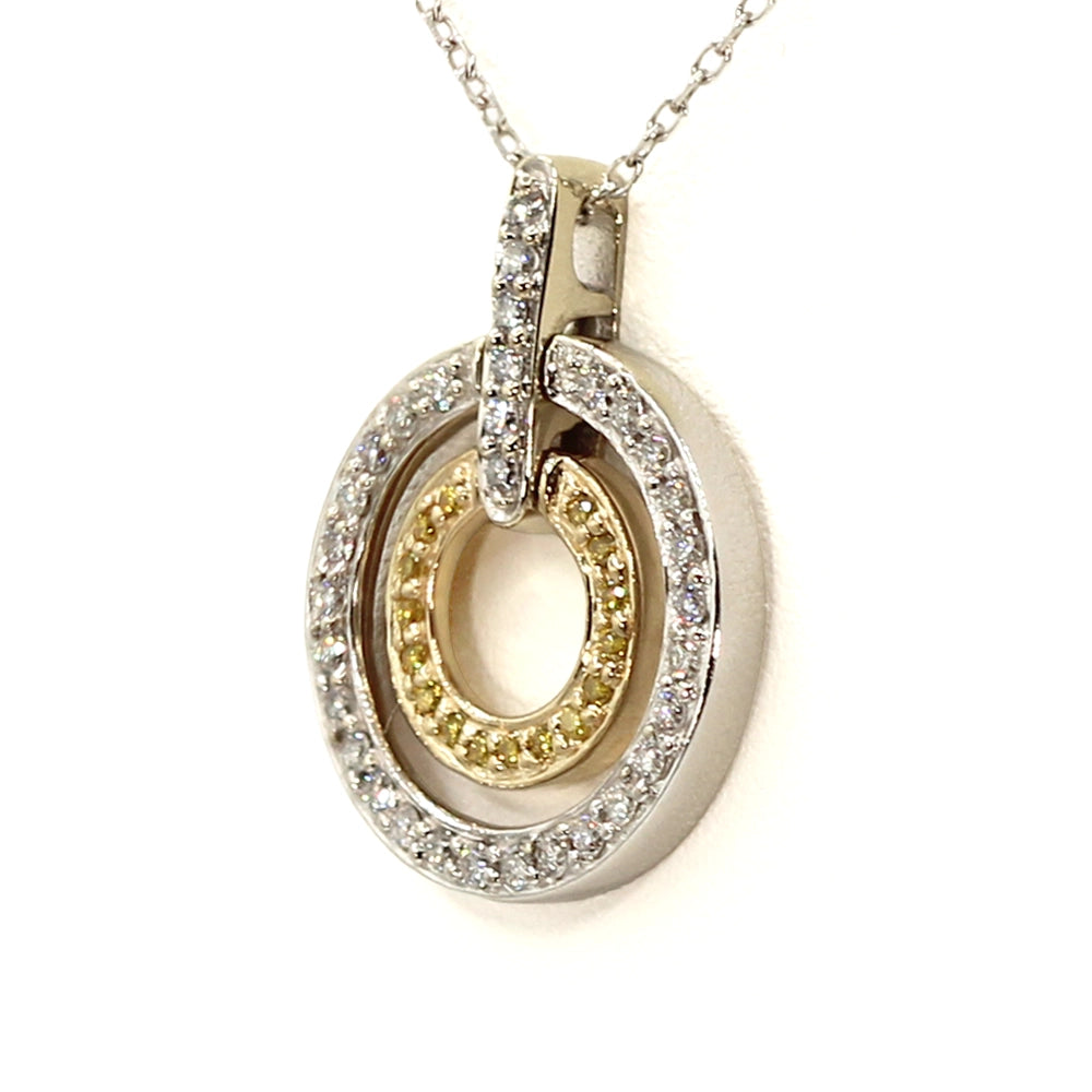White and Canary Diamond Double Circle Pendant in Two Toned Gold with Chain