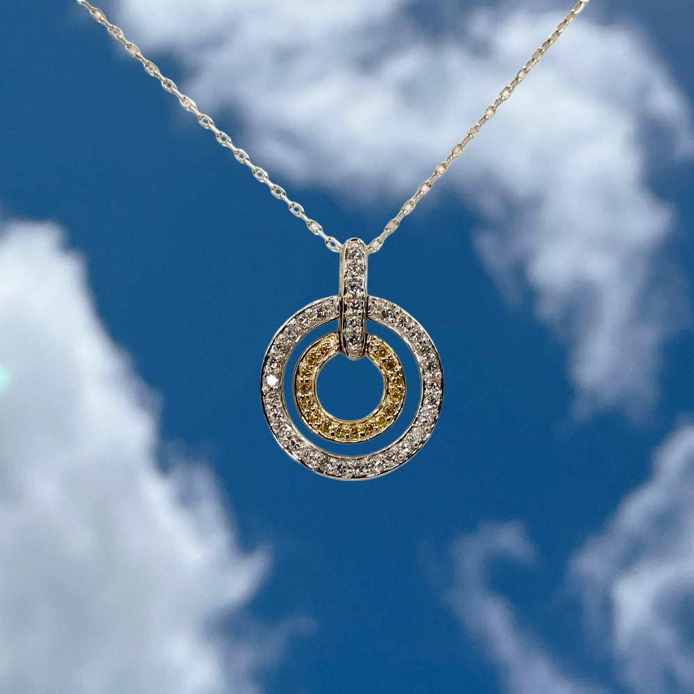White and Canary Diamond Double Circle Pendant in Two Toned Gold with Chain