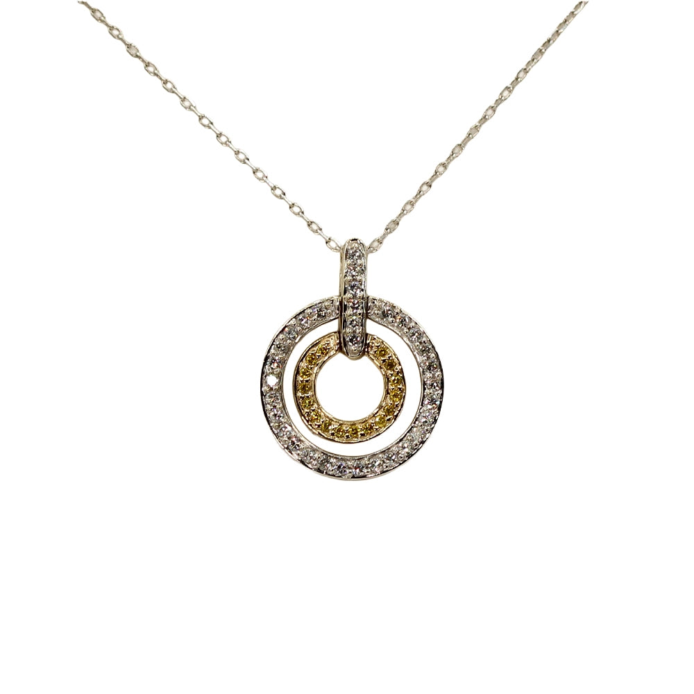 White and Canary Diamond Double Circle Pendant in Two Toned Gold with Chain