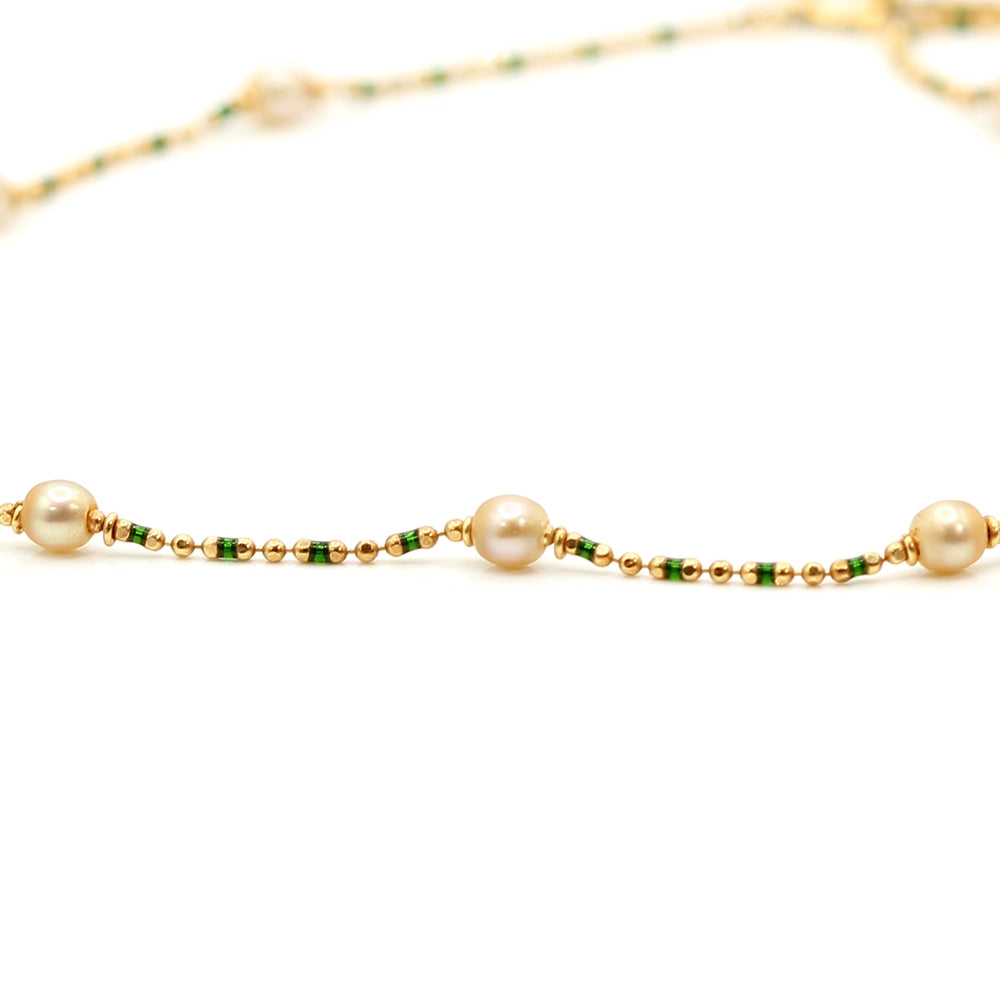 18K Yellow Gold Choker Necklace with Cultured Pearls and Green Enamel 15 Inches