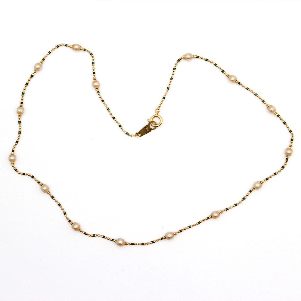 18K Yellow Gold Choker Necklace with Cultured Pearls and Green Enamel 15 Inches