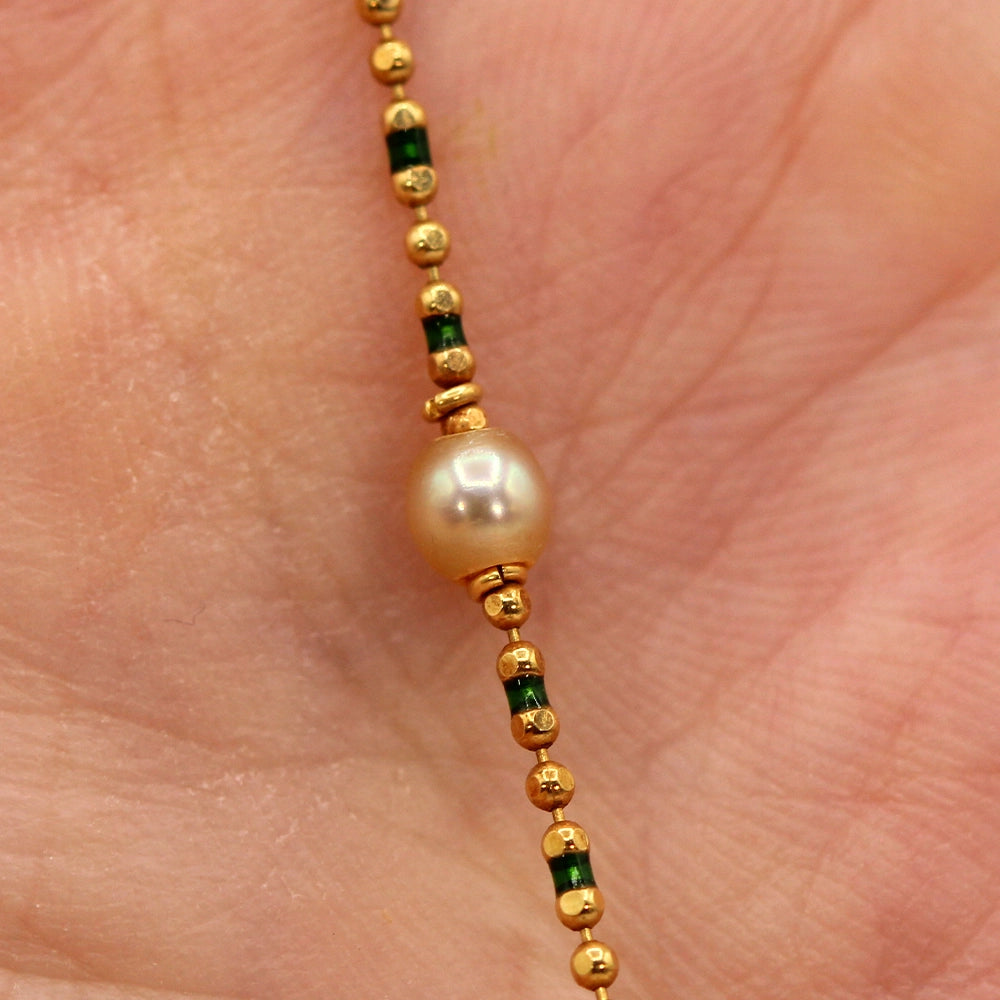 18K Yellow Gold Choker Necklace with Cultured Pearls and Green Enamel 15 Inches