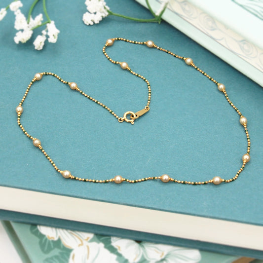 18K Yellow Gold Choker Necklace with Cultured Pearls and Green Enamel 15 Inches