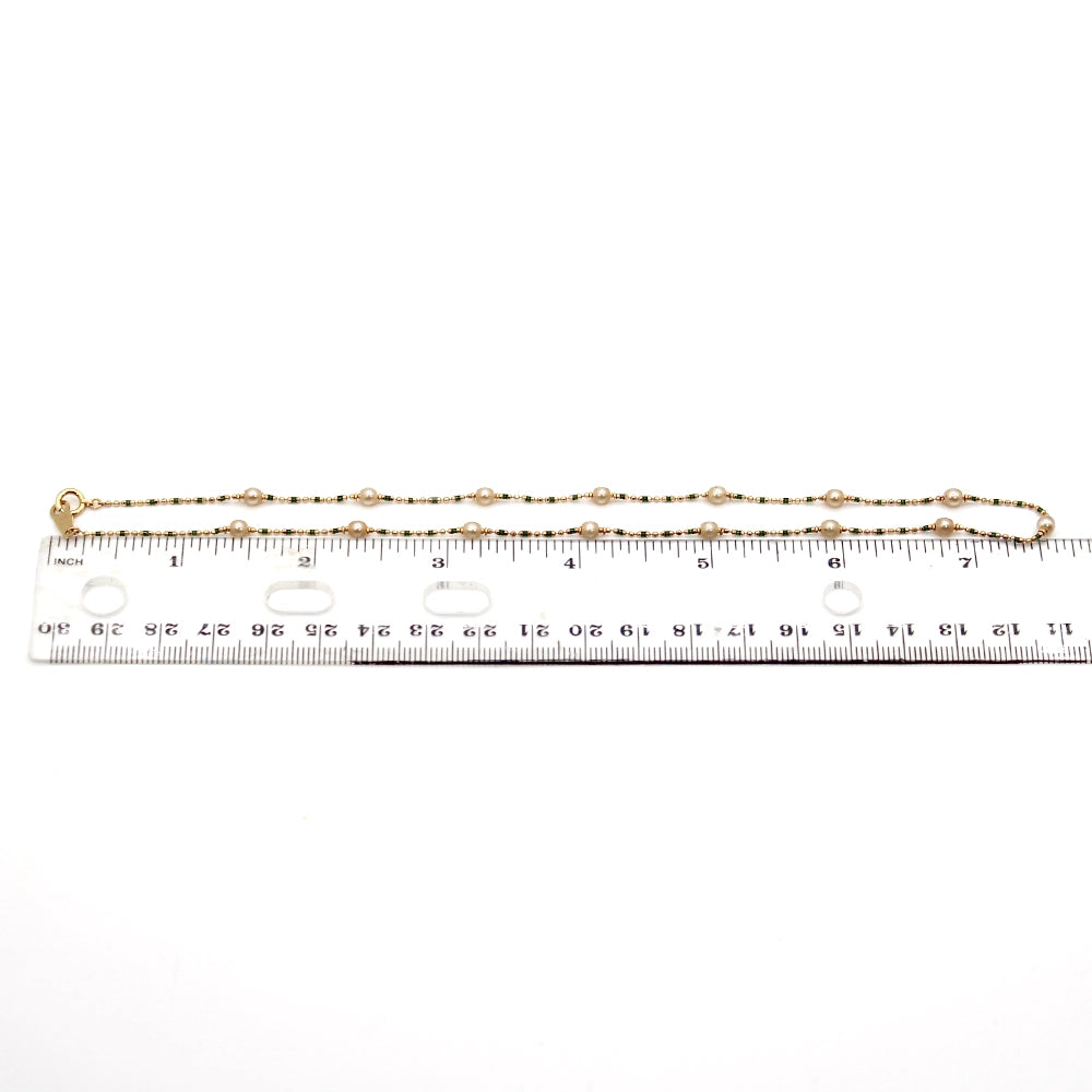 18K Yellow Gold Choker Necklace with Cultured Pearls and Green Enamel 15 Inches