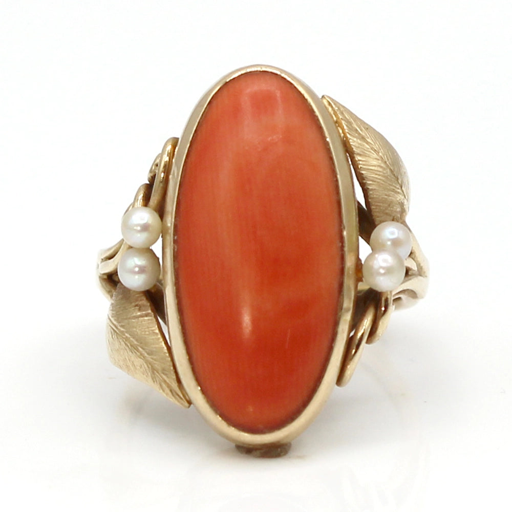 14K Yellow Gold Ring with Coral Oval Cabochon and Pearls SIZE 5