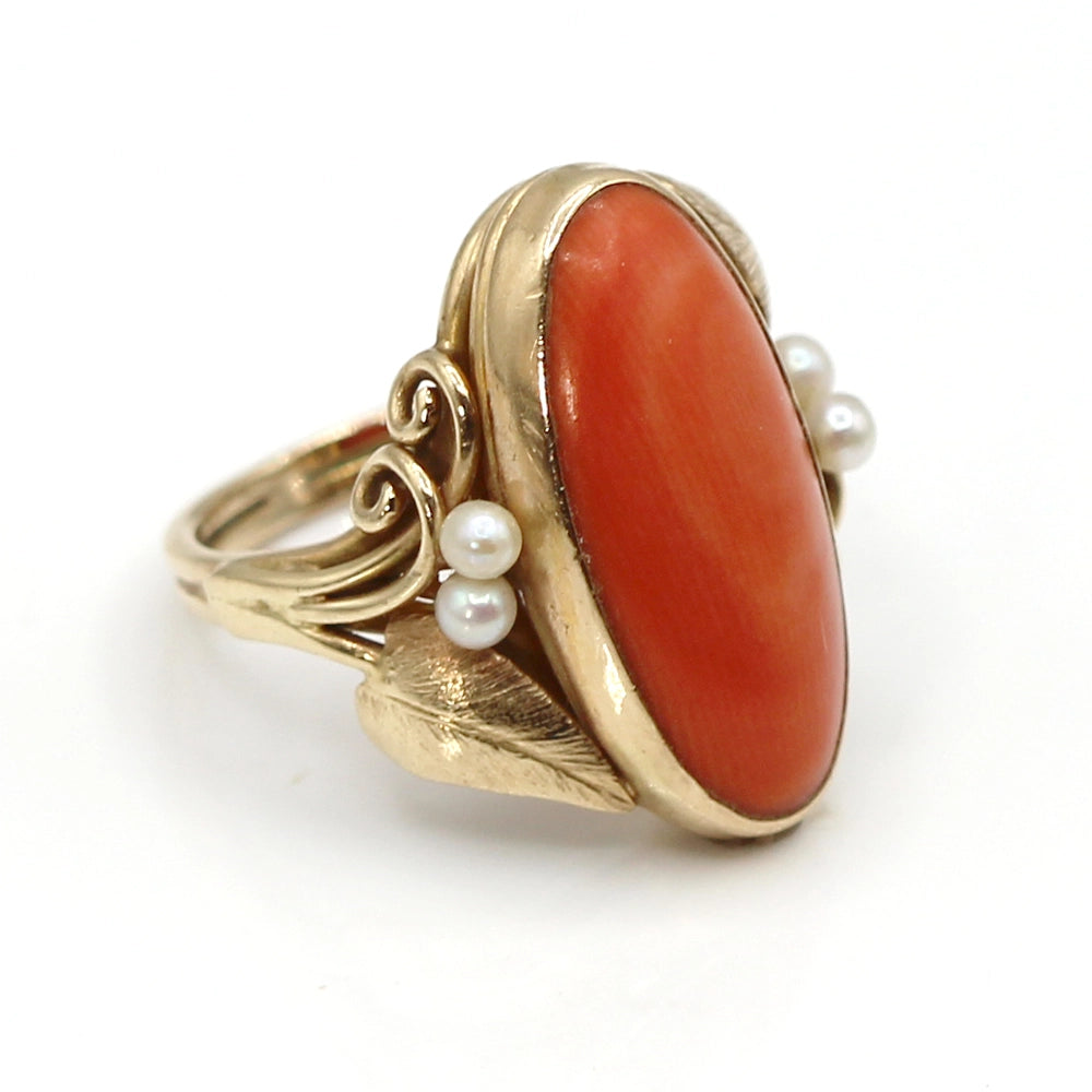 14K Yellow Gold Ring with Coral Oval Cabochon and Pearls SIZE 5